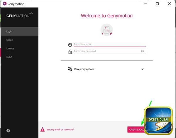 Cài app Oxbet trên Laptop / Máy tính / PC bằng Gemymotions giả lập Android bằng cách nhấn vào “Create Account”